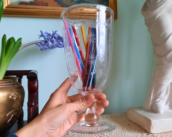 Antique Victorian Glass Celery Vase Hand Blown and Hand Engraved Stars Decoration 9.7'' Tall