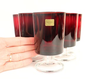 6 Luminarc Largest version Cavalier Ruby Red  wine glasses,  13 cm tall, Mid Century wine glasses/ French vintage, 1970's glassware