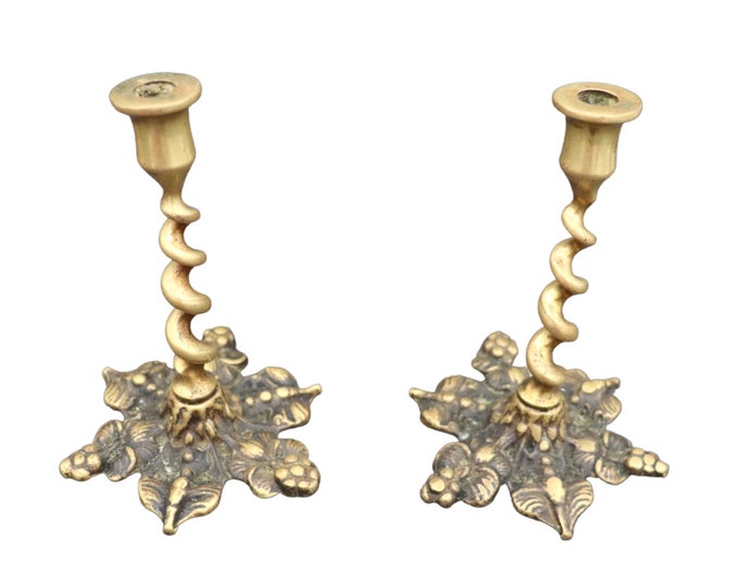 Antique Ornate Brass Candlesticks Holders With Twisted Stems and Ornate Bases