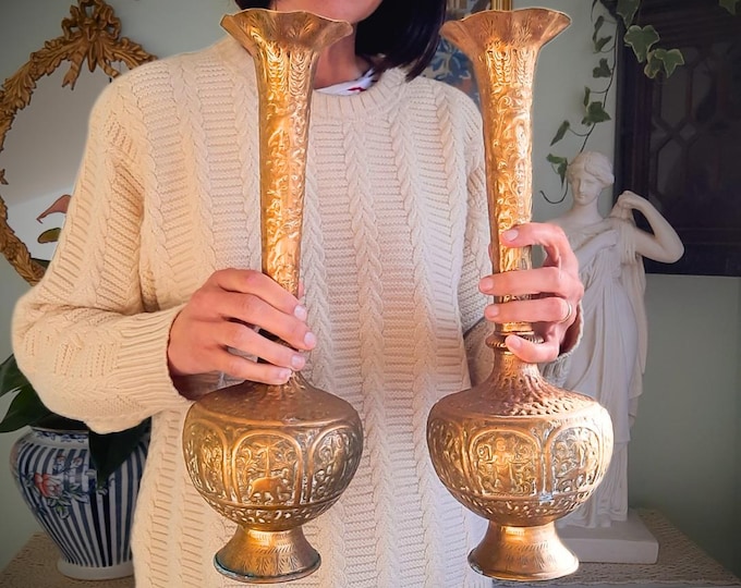 Tall Antique Indian Hand Engraved Brass Vases Pair H 17.2''