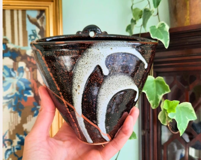 Vintage Studio Pottery Wall Pocket Signed By Artist : Rustic Wall Hanging Planter
