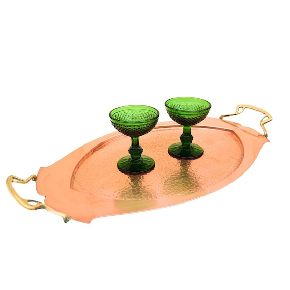 Antique Art Nouveau Copper Tray with Brass Handles, Large Size Hammered Metal Serving Tray, Antique Barware
