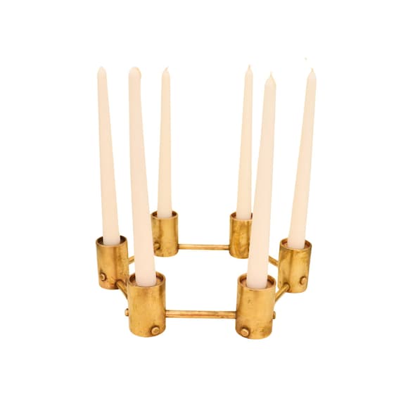 Mid Century Modernist Heavy Solid Brass Hexagonal Candelabra, Industrial Look Candelabra, Brutalist Brass Candelabra