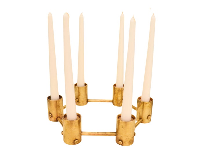 Mid Century Modernist Brass Hexagonal Candelabra: Brutalist Industrial Design