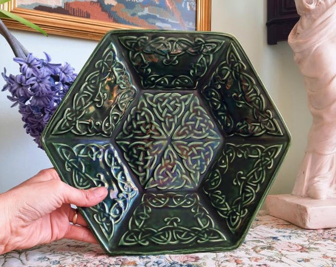 Large Vintage Arklow Pottery Hexagonal Decorative Bowl With Celtic Knot Decoration Made In Republic of Ireland
