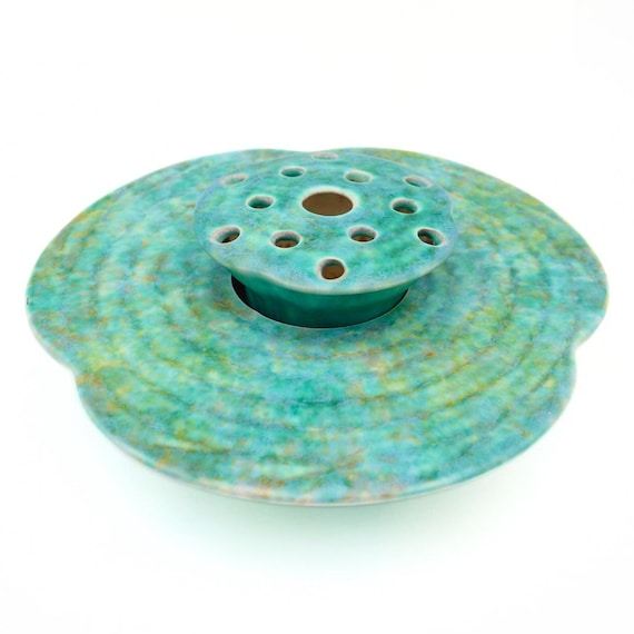 Rare Beswick Ceramic Flower Frog Centerpiece: Aqua Blue Drip Glaze, 1930s