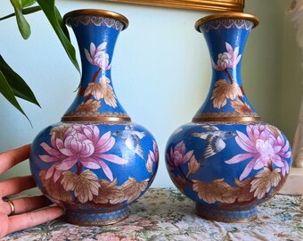 Large Pair Of Chinese Cloisonné Enamel Vases Chrysanthemum and Doves H 10.2''