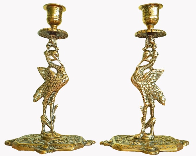Antique Victorian Brass Heron Birds Candleholders Pair