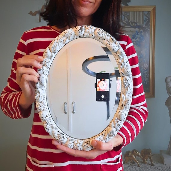 Antique Oval Wooden and Gesso Wall or Table Top Mirror With Relief Fruits Decoration