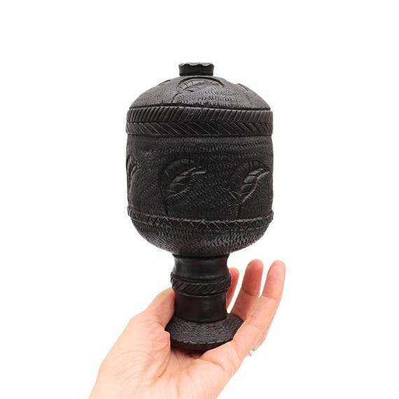 Mid Century African Hand Carved Wood Lidded Kuba Cup Tribal Decor Ceremonial