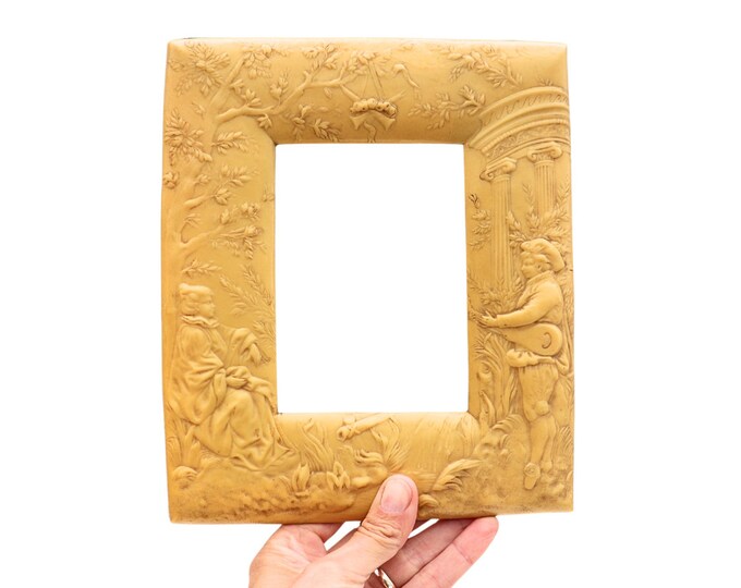 Antique Celluloid Picture Frame: Ornate Courting Scene, 1910s Plastic Photo Frame