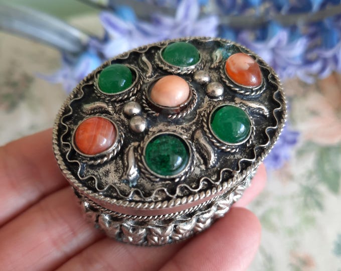 Etruscan Style  Alpaca Silver Small Trinket Box with Blown Glass Cabochons.