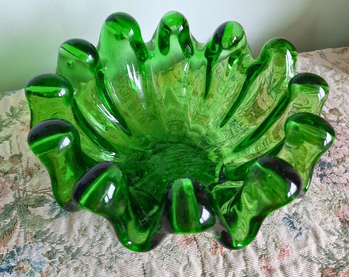 Large MCM Green Blown Glass Bowl Ruffled Edge Murano Style Centrepiece