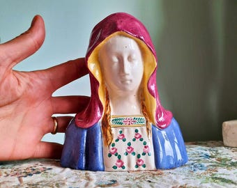 Mid Century Hand Painted Italian Madonna Majolica Bust H 15 cm Renaissance Style