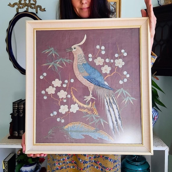 Vintage Framed Chinese Silk Embroidery: Bird of Paradise Artwork