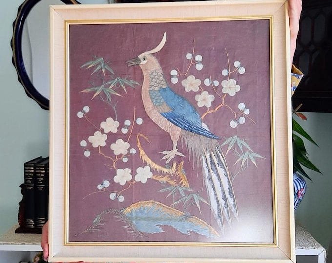 Vintage Framed Chinese Silk Embroidery: Bird of Paradise Artwork