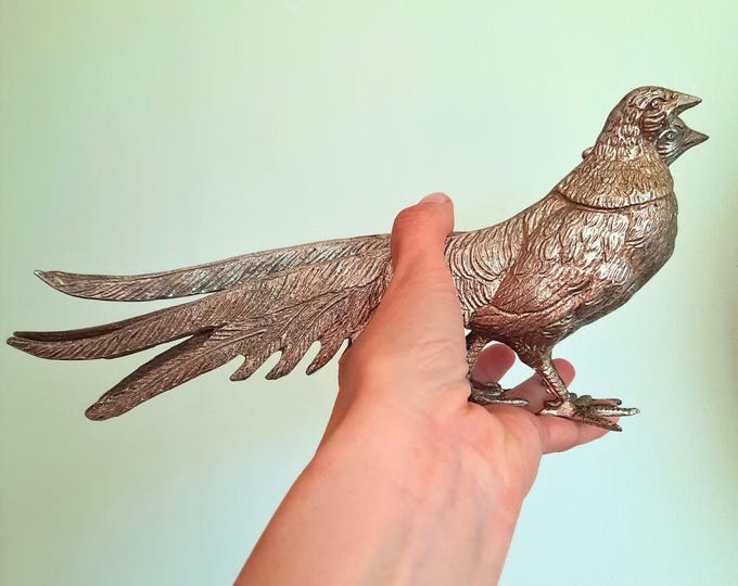 Large Mid-Century Italian Silver Tone Pheasants Figures Pair, Italian Retro Home Decor, Metal Birds Figurines