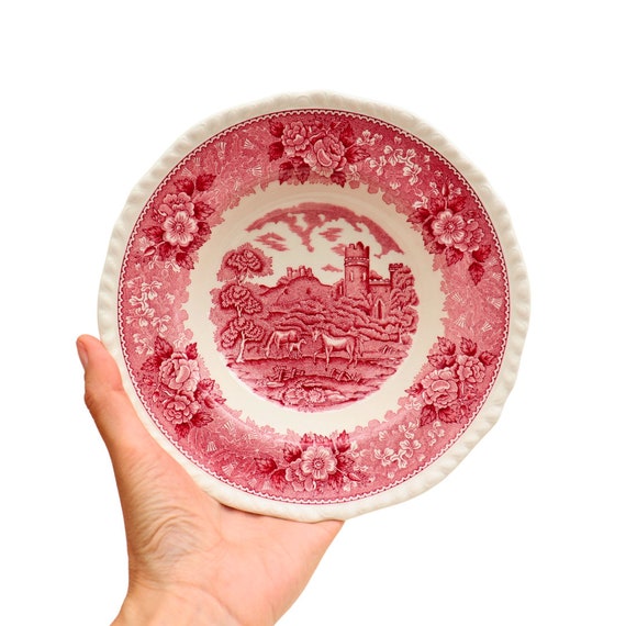 Adams Pink English Scenic Pattern Horses Soup Plate 8'', Traditional British Rimmed Bowl By Adams, Cottage Core Plates