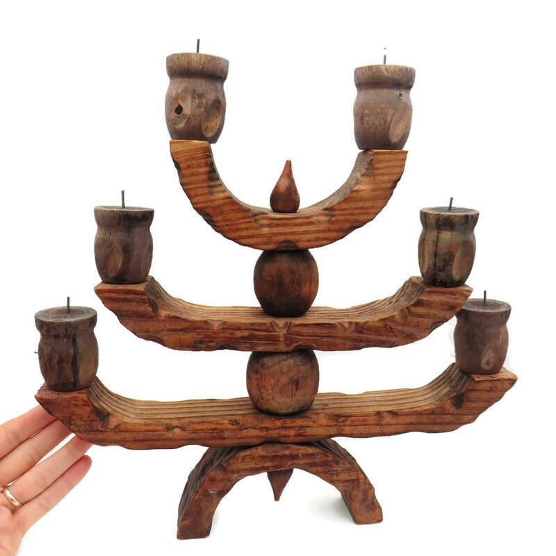 Scandinavian Rustic Candelabra 6 arms .Scandinavian Rustic Wooden
