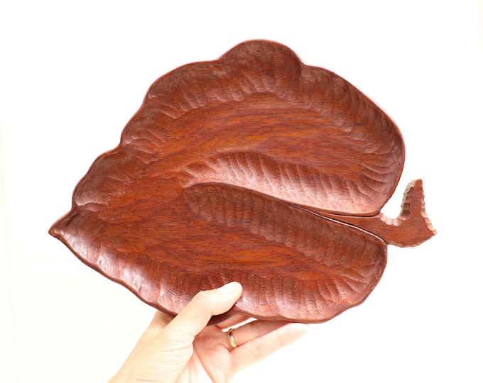 Hand Carved Mahogany Leaf Tray: Vintage Boho Decor