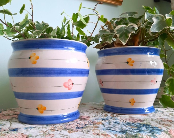 Vintage Portuguese Hand Painted Stripes and Flowers Planters Pair H 5.5