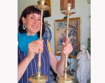 Very Tall Antique Victorian Brass Bamboo Shaped Stems Pair of Candleholders 19.2'' Tall