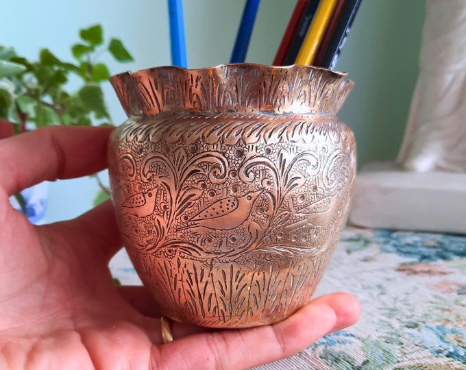 Truly Antique Small Indian Engraved Brass Planter Pot H 9cm, Small Indian Brass Planter, Cactus planter, Pen holder