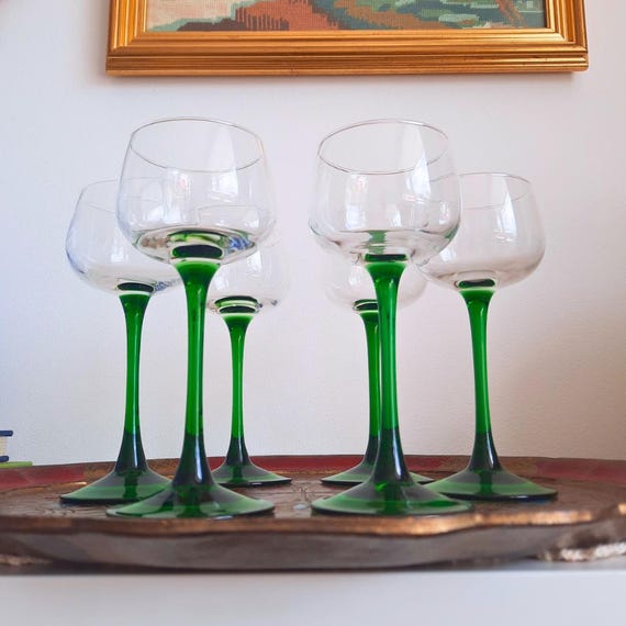 Mid Century Set of 6 Luminarc small wine glasses with curved green stem, French White Wine Glasses
