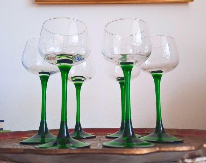 Mid Century Set of 6 Luminarc small wine glasses with curved green stem, French White Wine Glasses
