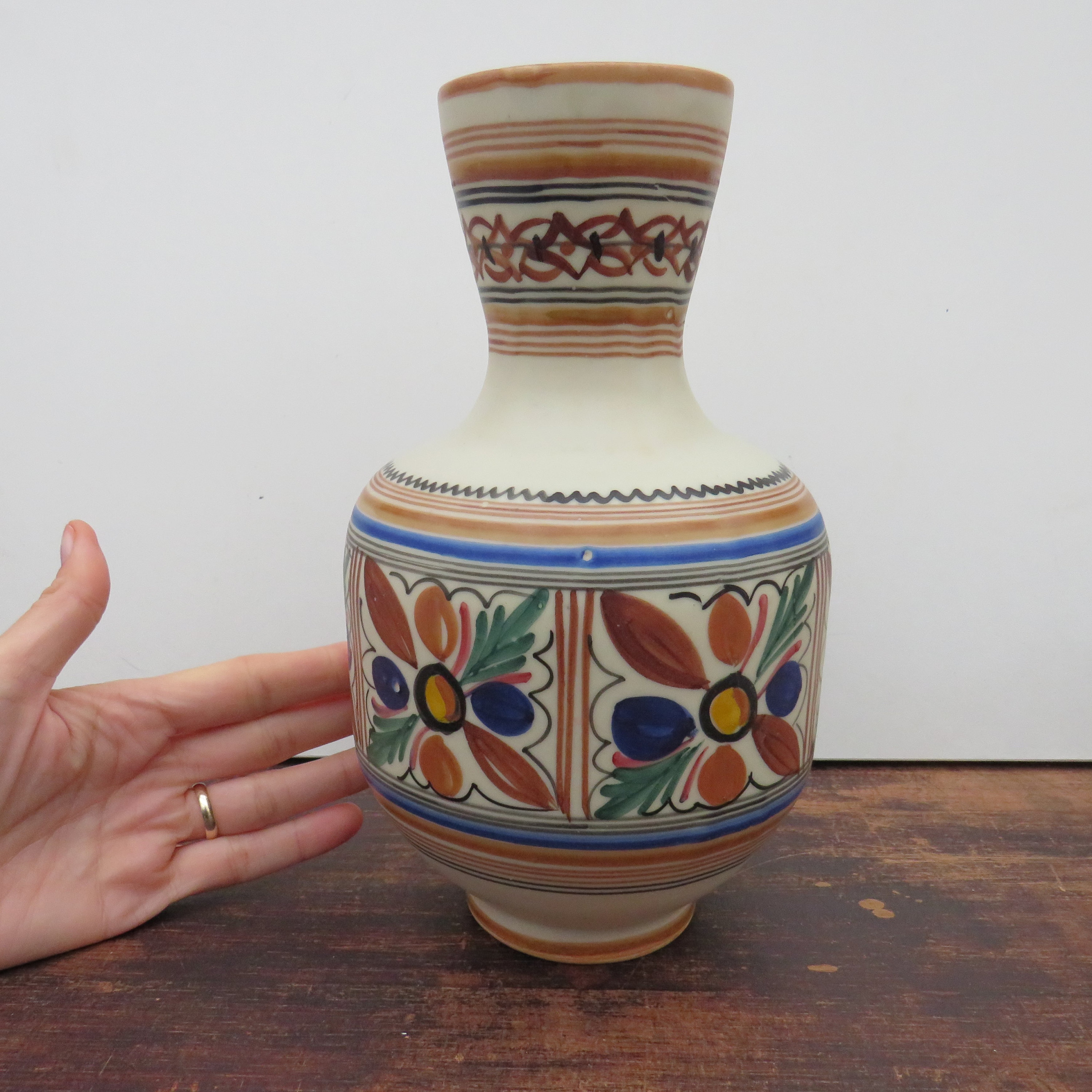 Large Spanish Hand Painted Ceramic Vase By Sanguino Toledo H 10.2''