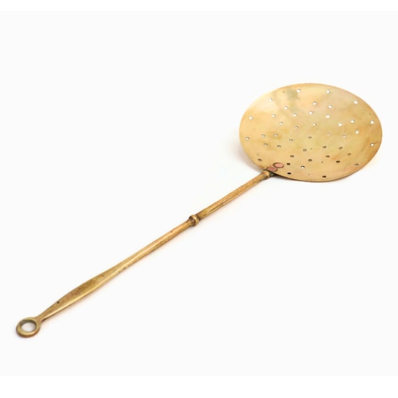Large Antique Victorian Brass Skimmer, Antique Farmhouse Kitchen Decor.