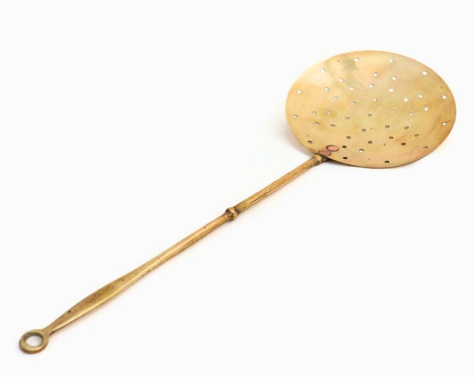 Large Antique Victorian Brass Skimmer, Antique Farmhouse Kitchen Decor.
