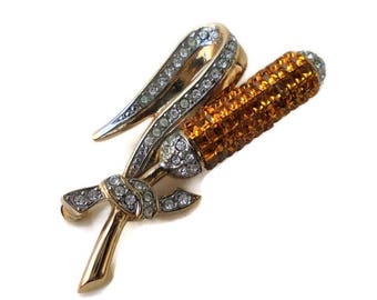 Vintage Gold Tone Corn in The Cob Brooch with Clear and Orange Rhinestones/Corn Rhinestones Brooch/Maize Brooch marked I.G