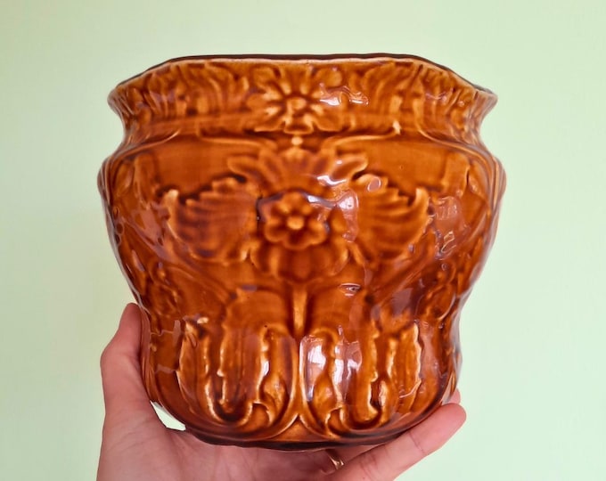 Antique Art Nouveau Brown Glaze Majolica Planter Floral Design C 1910's.