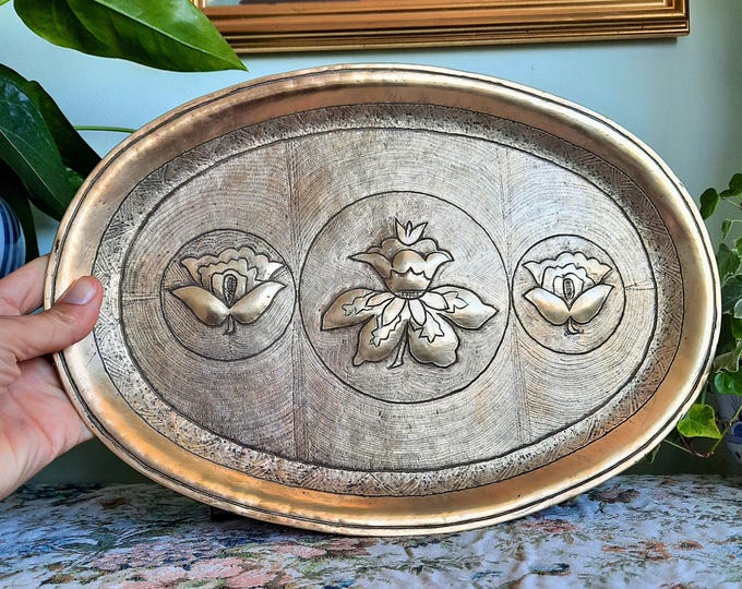 Antique Indian Hand-Crafted Brass Decorative Tray With Embossed Lotus Flowers C late 1800's.