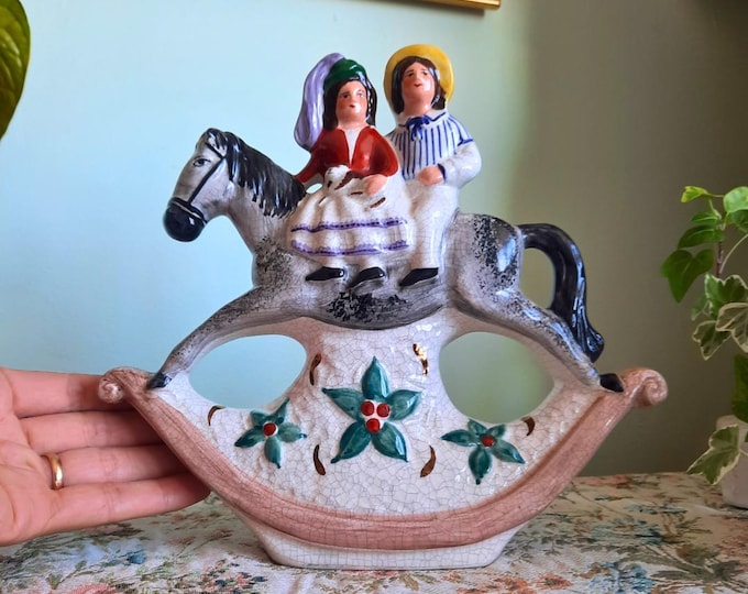 Vintage 80's Staffordshire Reproduction Couple With Dog On Rocking Horse