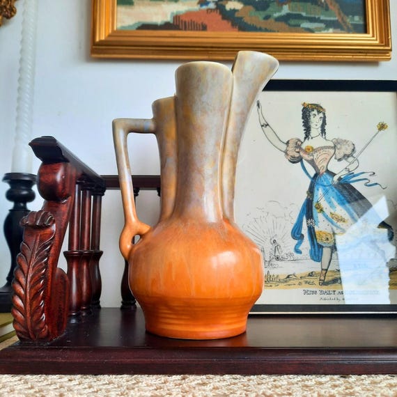 Beswick Ware Studio Pottery 1930's Art Deco Hand Painted Jug Vase mottled grey and orange glaze 8.7'' Tall