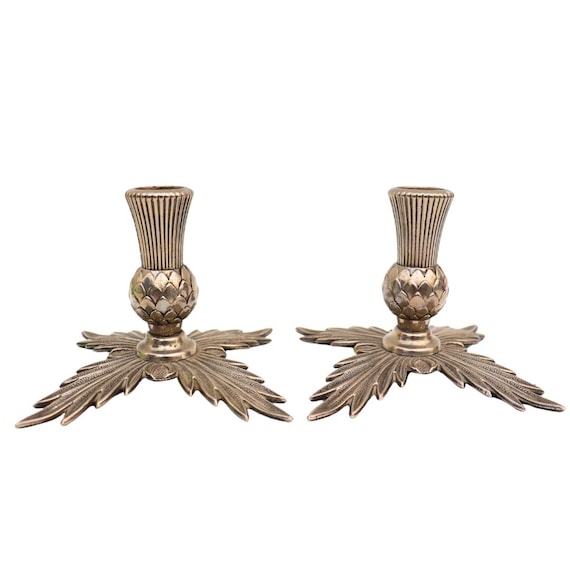 Midcentury Silver Tone Metal Thistle Candlesticks Holders Pair By Ianthe, Scottish Emblem Gift For The Home C 1950's.