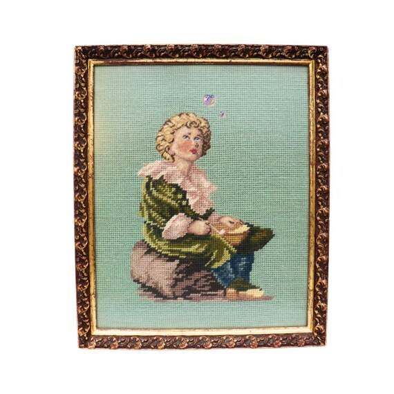 Old Needle Point Wooden Golden Frame Boy Blowing Bubbles After Oil Painting By John Everett Millais, Cottage Core Wall Decor
