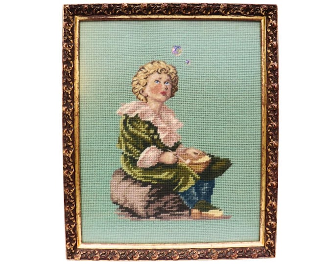 Vintage Needlepoint Art: Boy Blowing Bubbles in Golden Frame