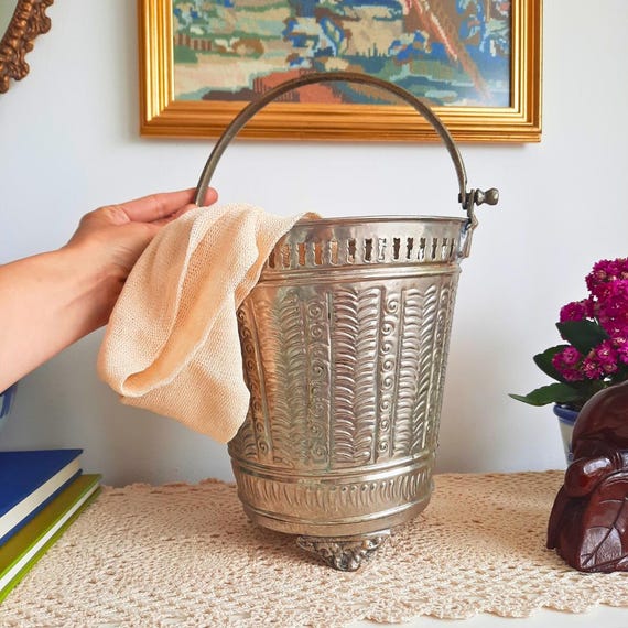 Mid Century Moroccan Alpaca Silver Haman bucket, Eclectic Plant Pot Office Bin
