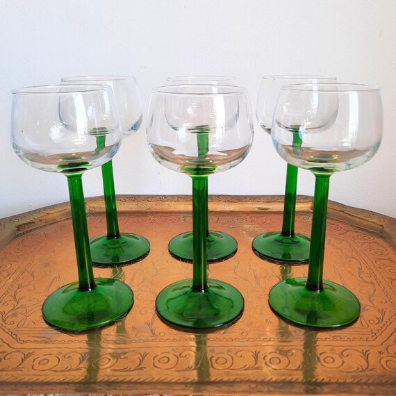 Mid Century Set of 6 Luminarc small wine glasses with green stem, French White Wine Glasses