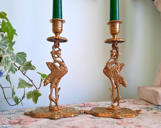 Antique Victorian Brass Heron Birds Candleholders Pair