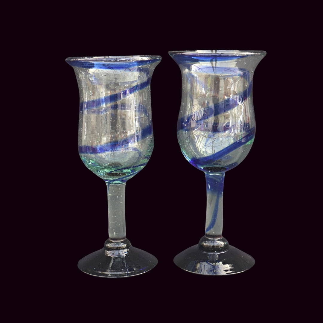 Large Mexican Hand Blown Wine Glasses Pair, Vintage Large Cocktail Glasses.