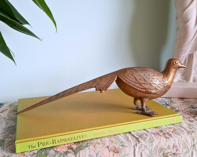 Large Mid Century Italian Brass Pheasant Statuette Single 15.5 in Long