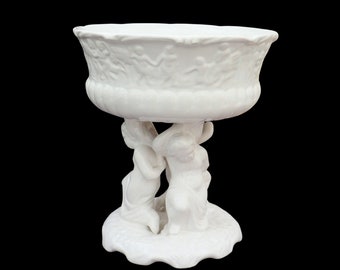 Rococo White Pedestal Fruit Bowl Decorated with Cherubs, Spanish Manises Ornate White Pedestal Fruit Bowl, Cherubs Fruit Bowl