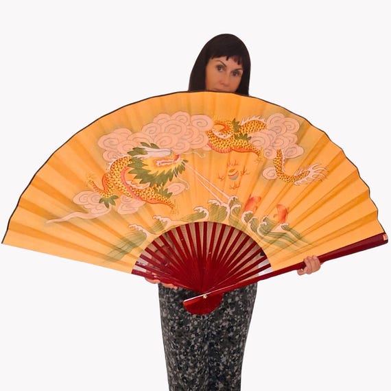 Large Mid Century Chinese Wall Decor Fan With Hand Painted Dragon Chasing Pearl Scene