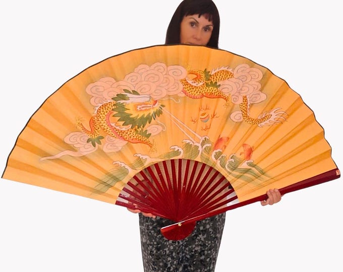 Large Mid Century Chinese Wall Decor Fan With Hand Painted Dragon Chasing Pearl Scene