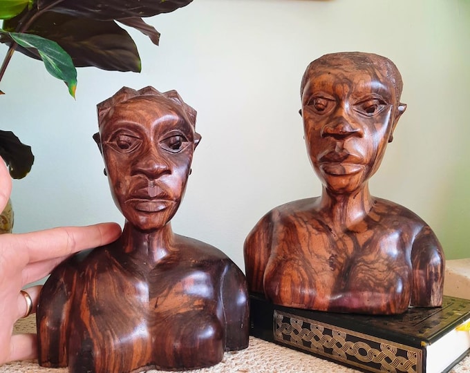 Mid Century African Marbled Wood Hand-Carved Figural Bust Of A Male and Female Statue Bookends
