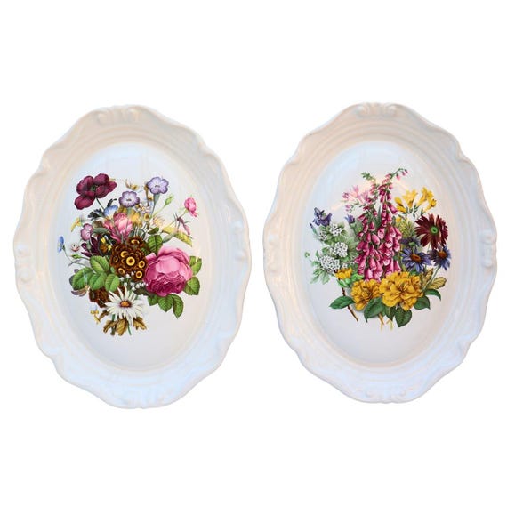 Vintage English Bone China Floral Wall Plaques, Cottage Core Floral Wall Decor